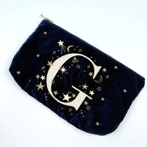 Elizabeth Scarlett London Navy Velvet Zip Pouch Gold Moon Stars Monogram G